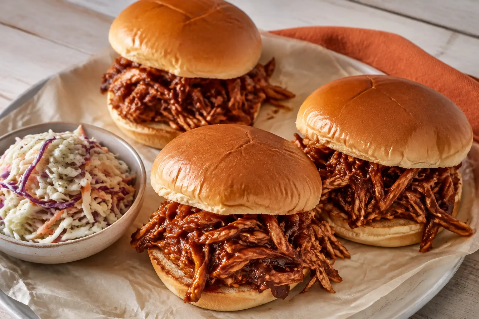 Slow cooker barbecue chicken sandwiches with coleslaw