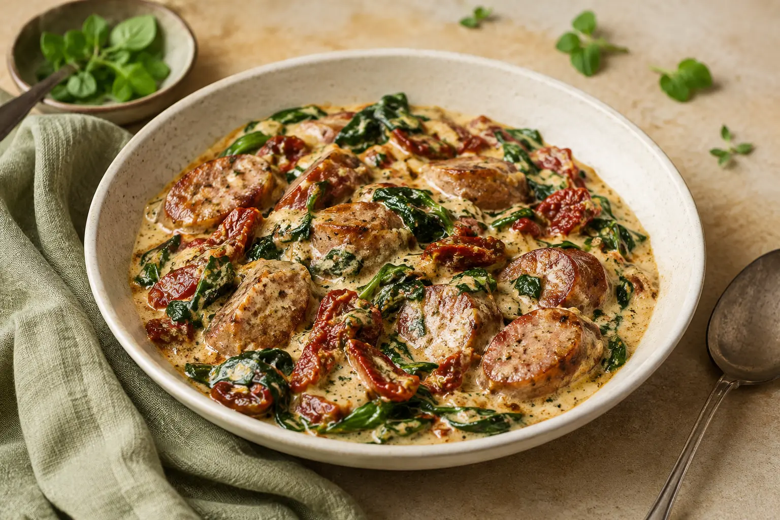 Creamy slow cooker Tuscan sausage with spinach and sun-dried tomatoes