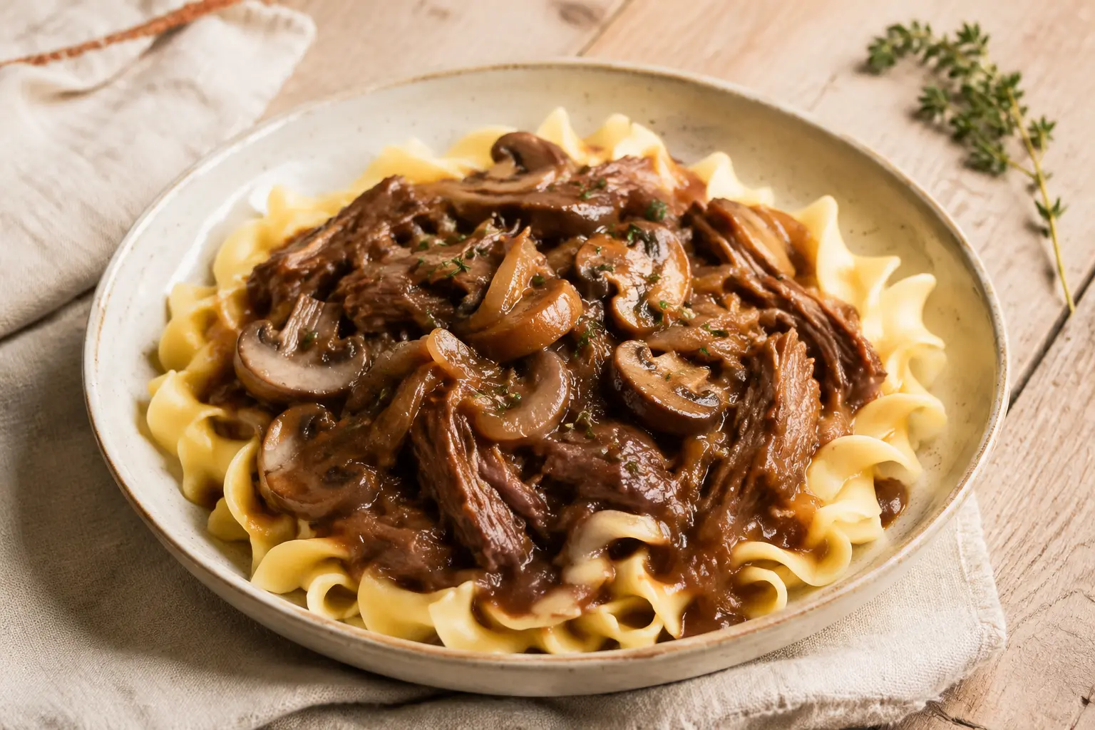 Slow cooker French onion beef with mushrooms over egg noodles