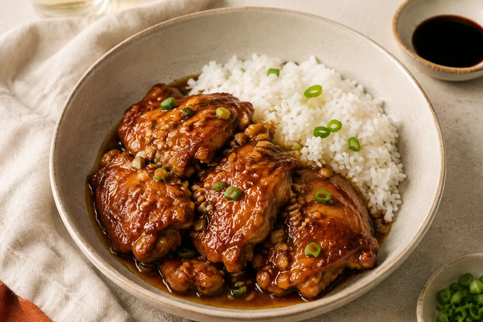 Honey garlic slow cooker chicken thighs served with rice