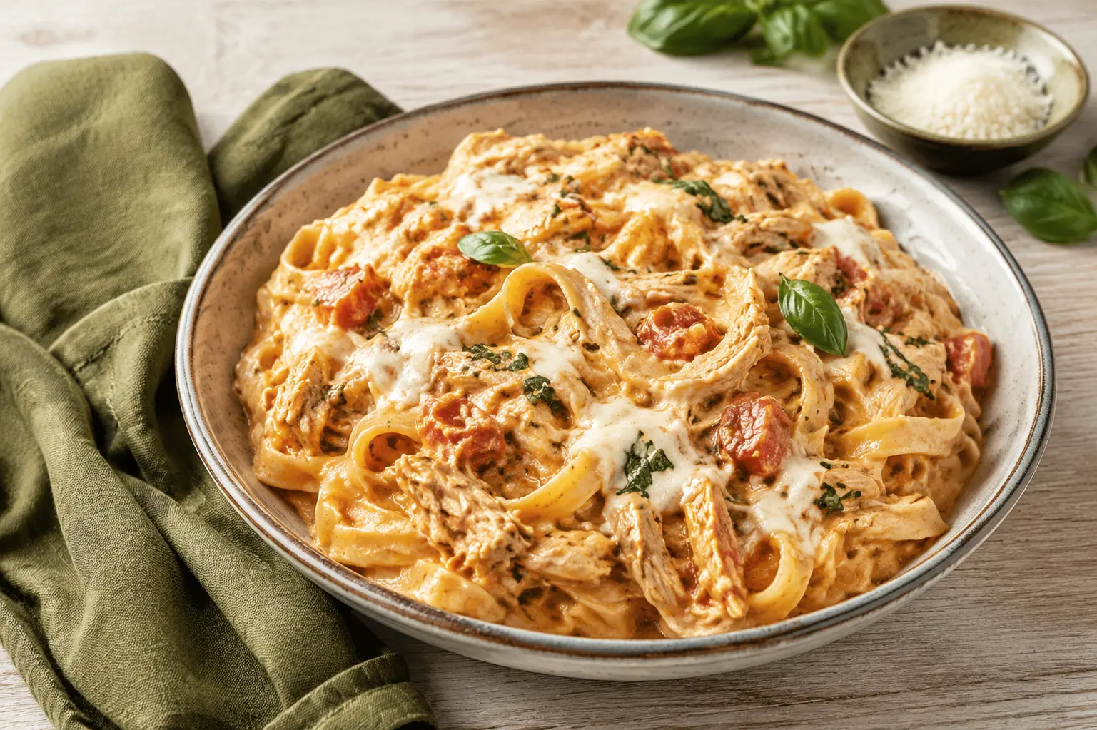 Creamy Italian slow cooker chicken pasta with mozzarella