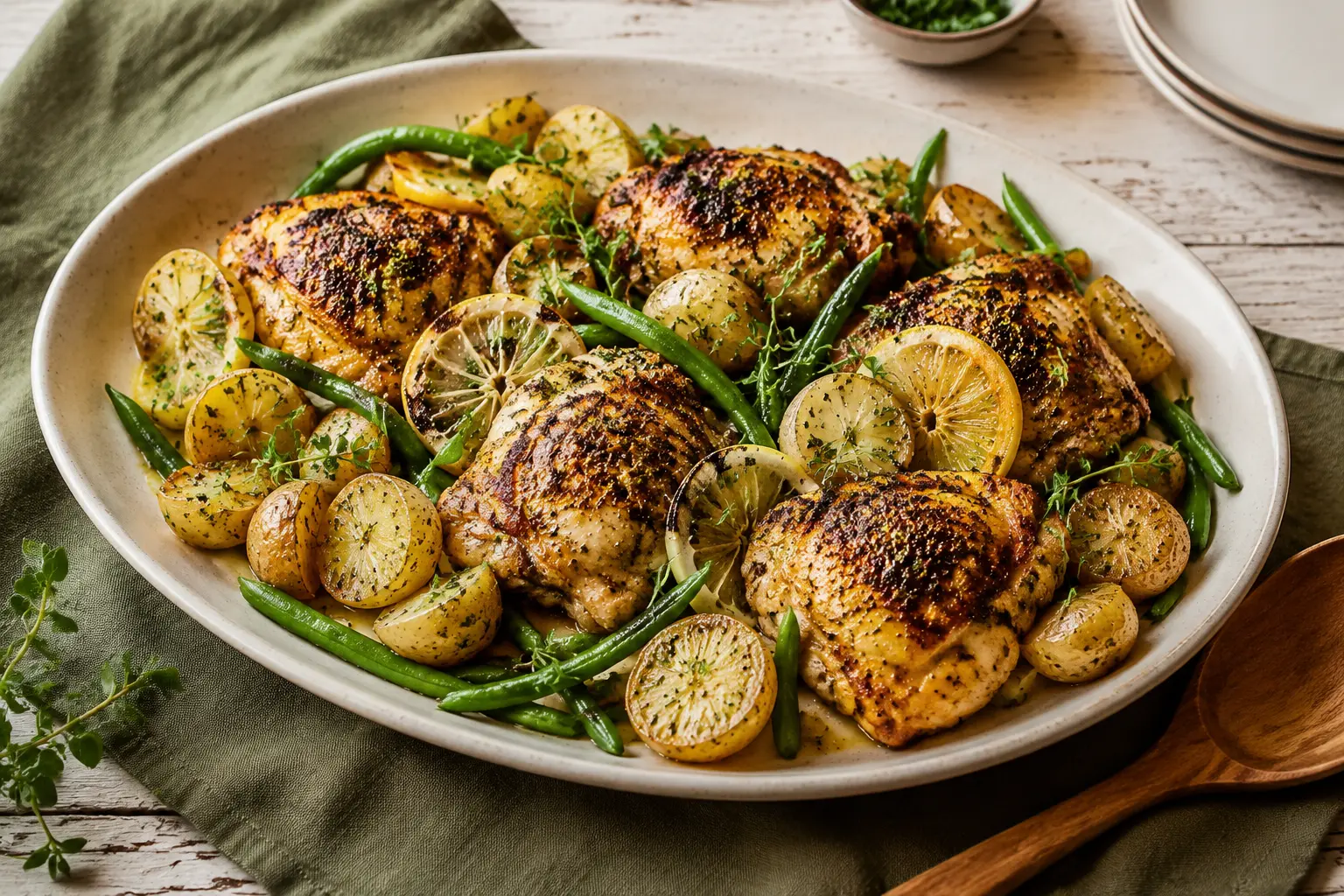 Slow cooker lemon herb chicken with baby potatoes and green beans