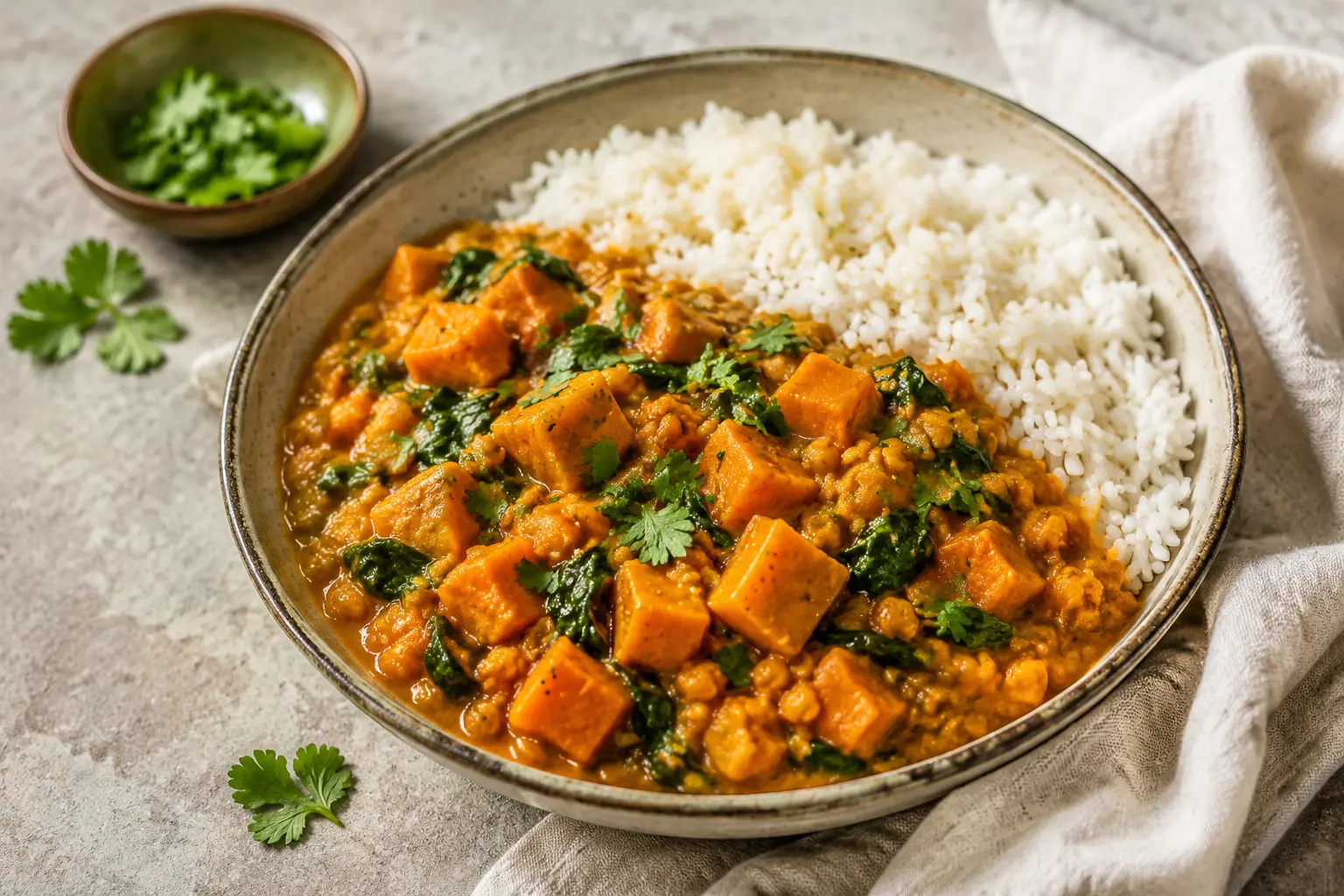 Vegetarian slow cooker lentil sweet potato curry with rice