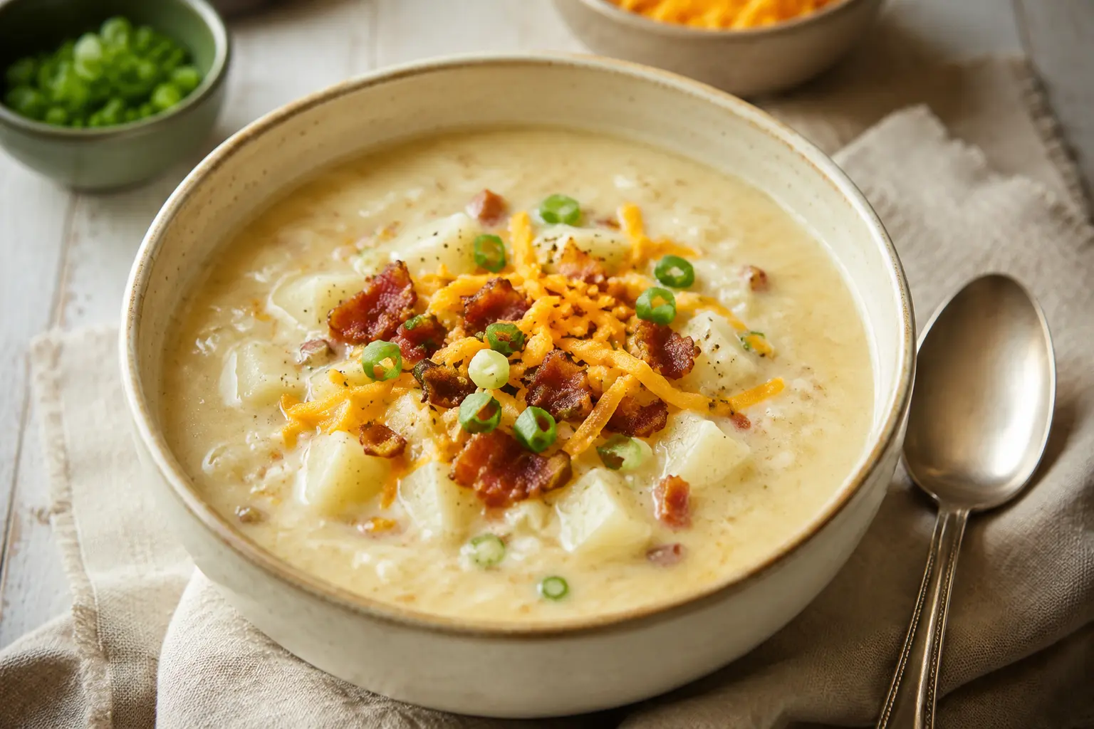 Creamy slow cooker loaded potato soup with cheddar and bacon