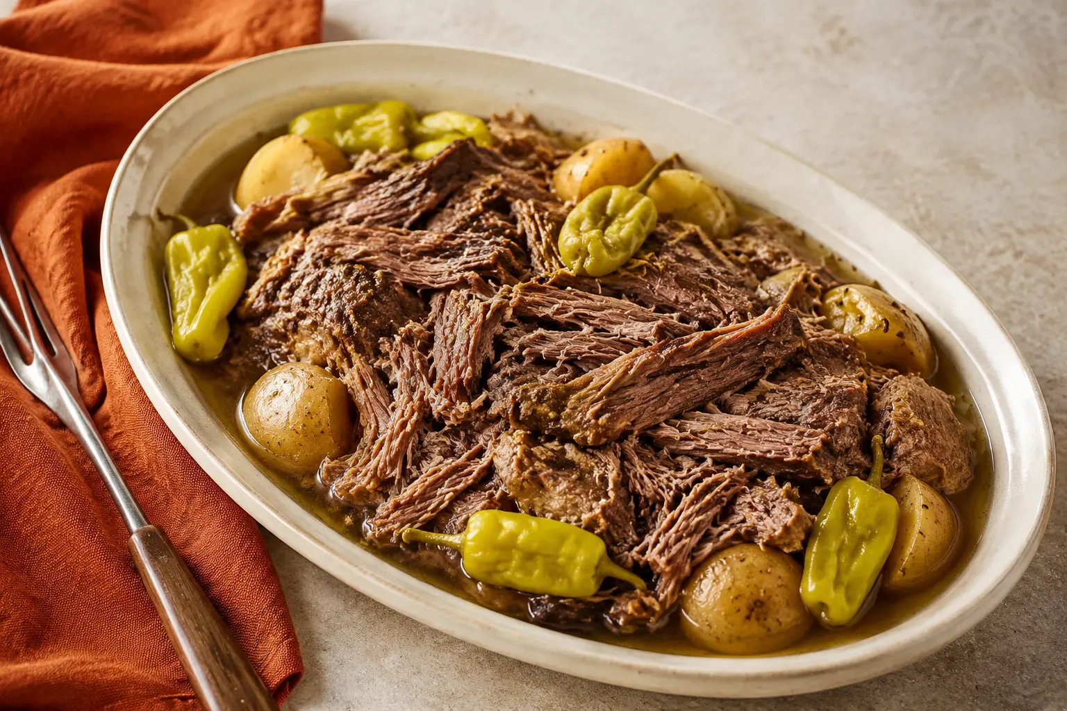 Tender slow cooker Mississippi pot roast with pepperoncini