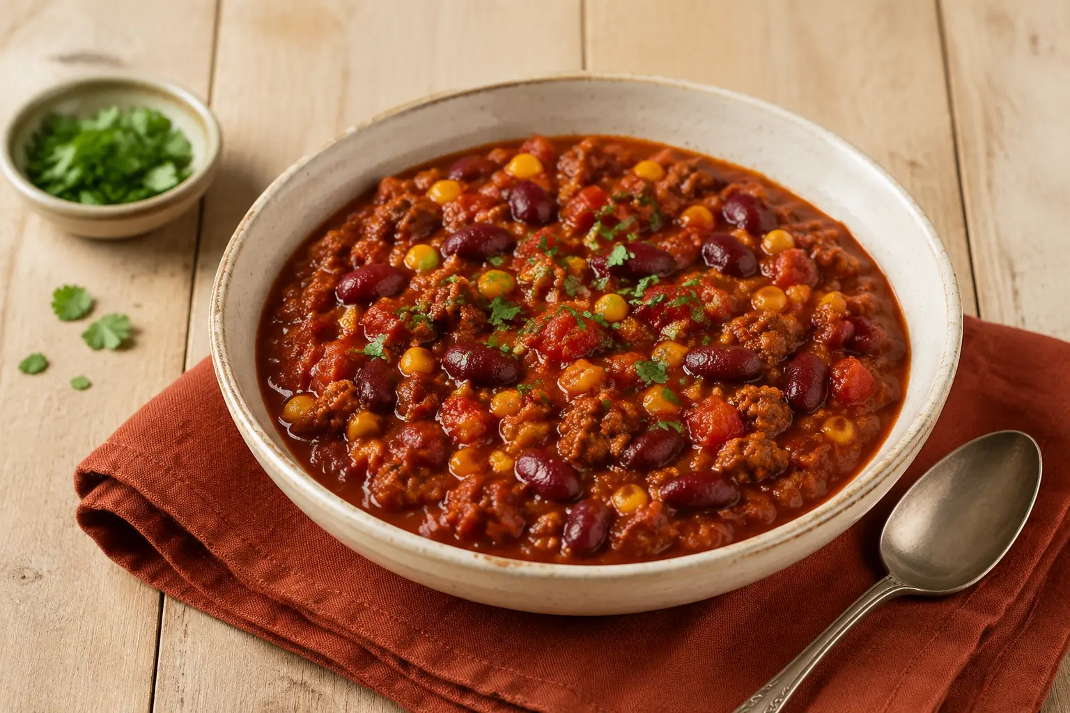 Easy slow cooker chili with beef, beans, tomatoes and corn