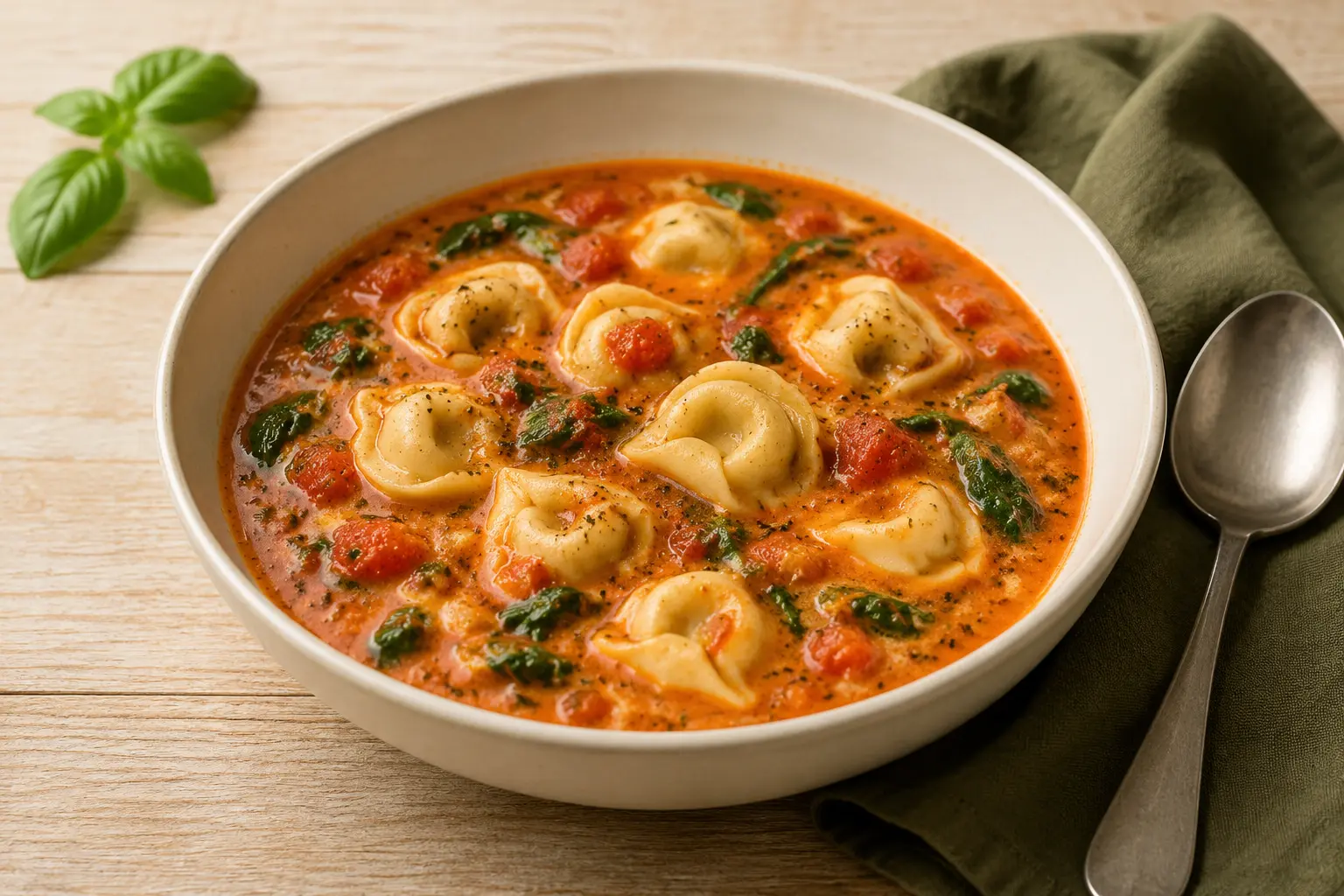 Creamy slow cooker tomato tortellini soup with spinach