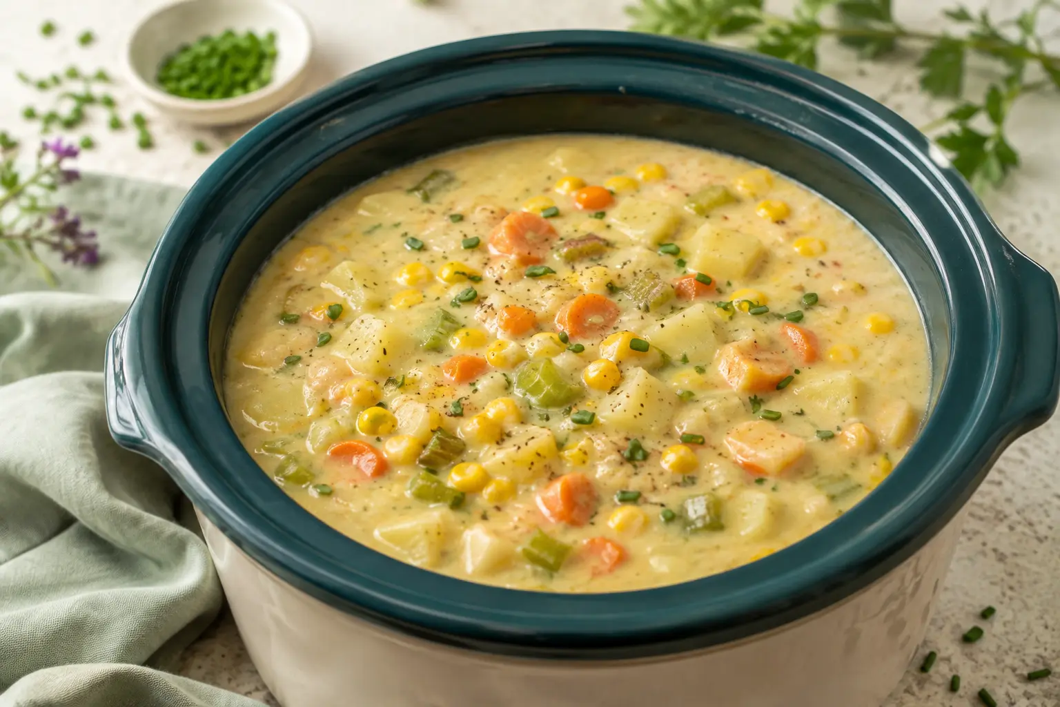 Creamy Corn & Potato Chowder made in a slow cooker for spring meal prep