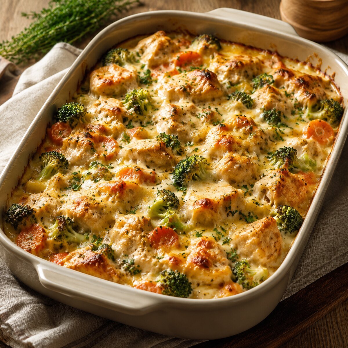 Baked chicken casserole with golden cheese and herbs