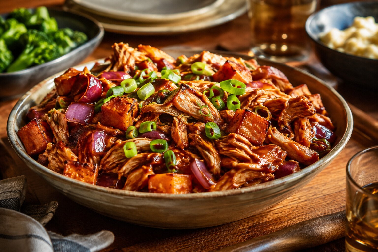 Barbecue Crockpot shredded chicken with sweet potato cubes, red onion and scallions