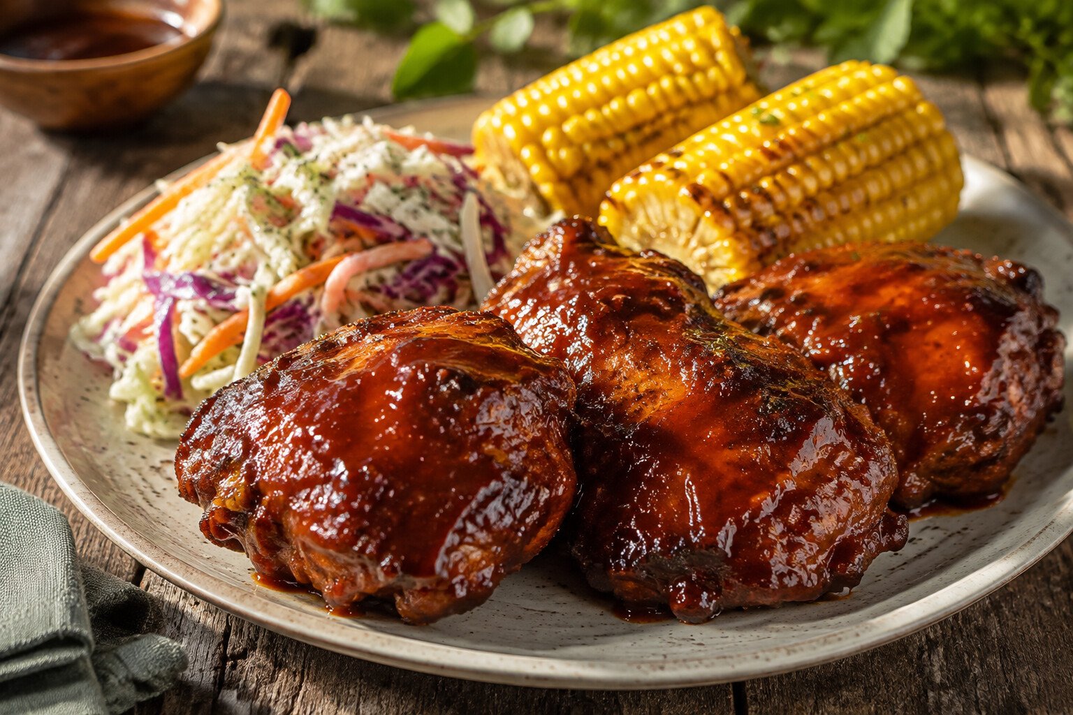 BBQ Crockpot chicken with corn and fresh coleslaw