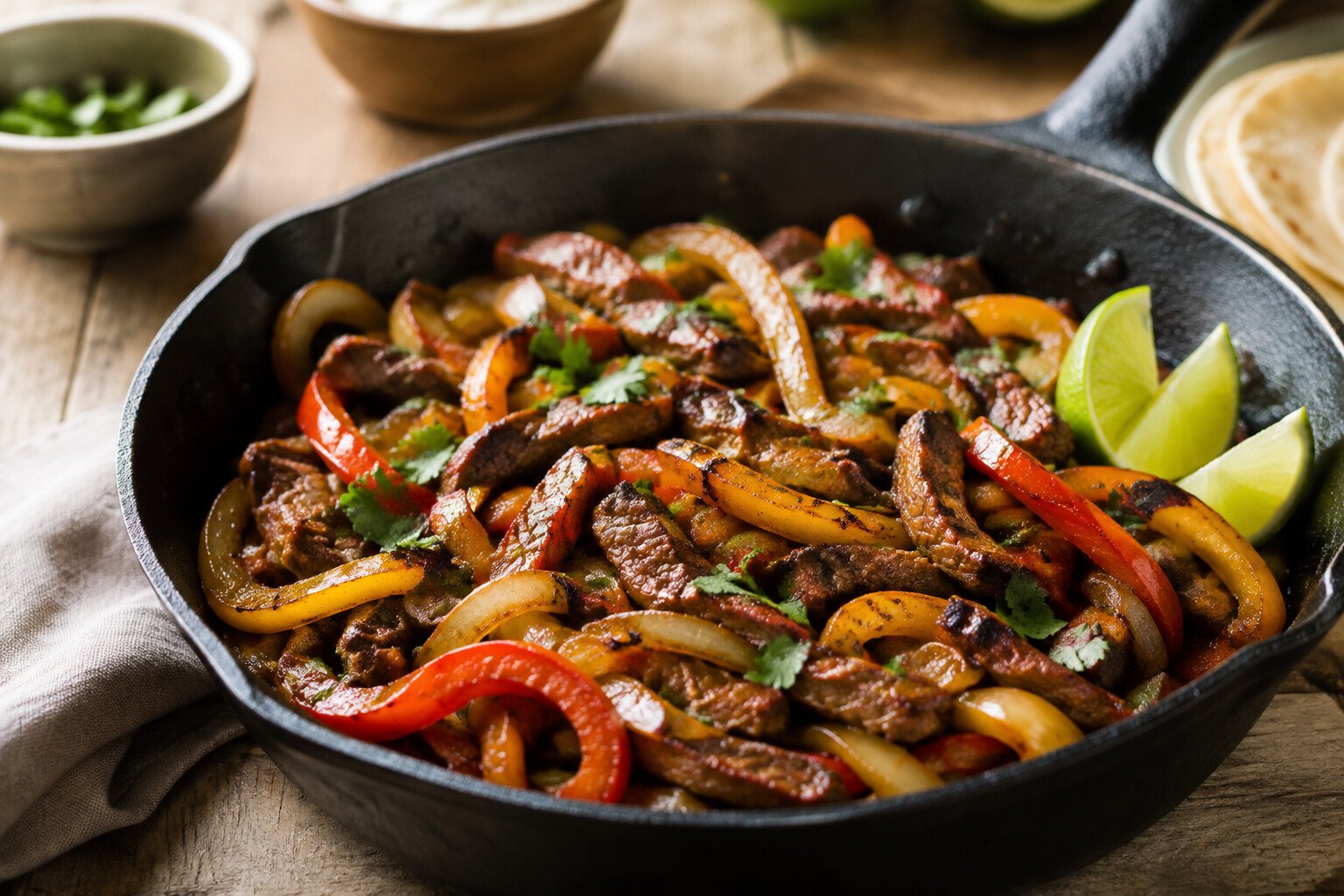 Sizzling beef fajita skillet with colorful bell peppers, onions, lime and cilantro
