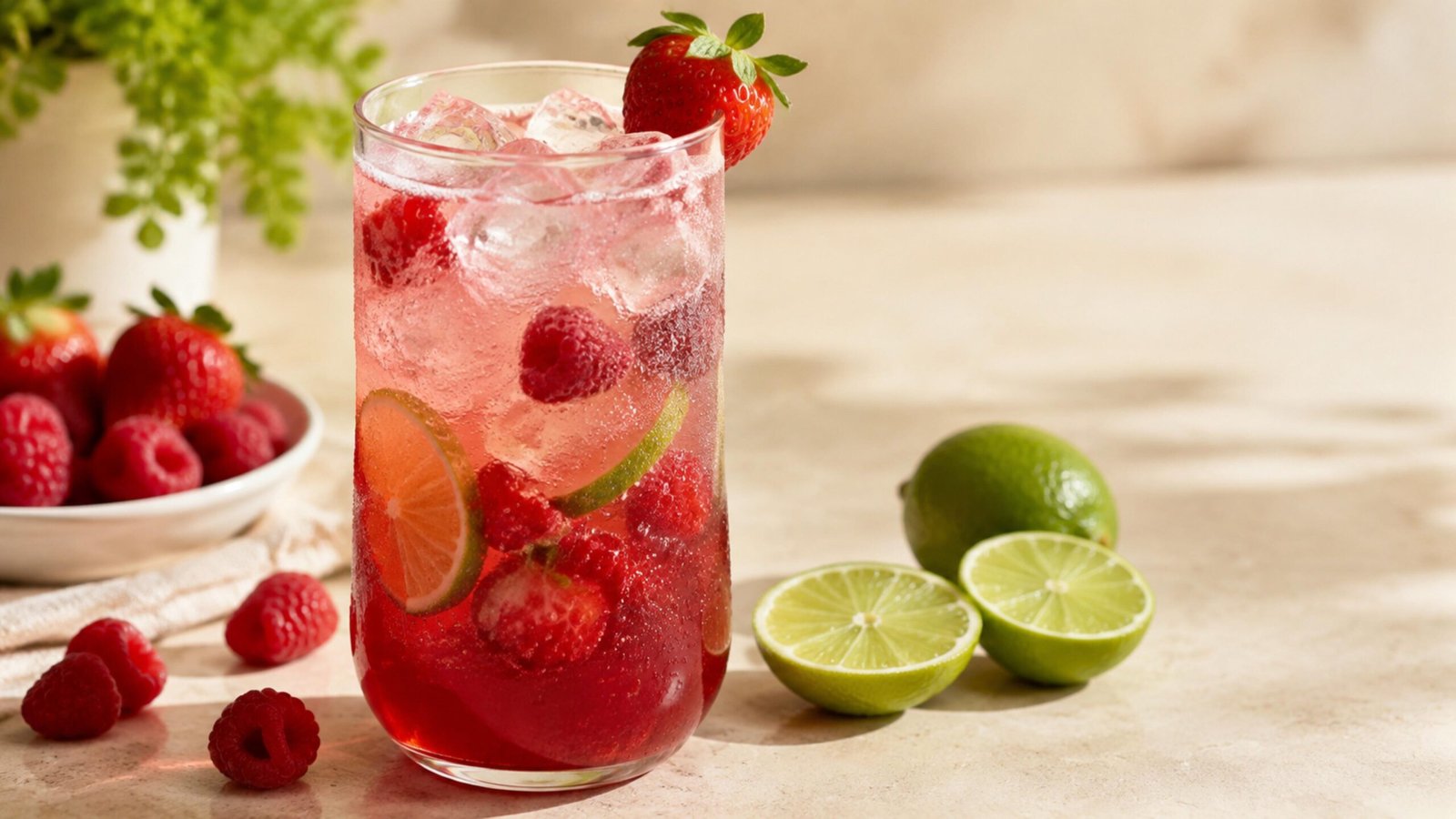 Berry Fizz mocktail with berries, fresh lime, cranberry juice and sparkling water