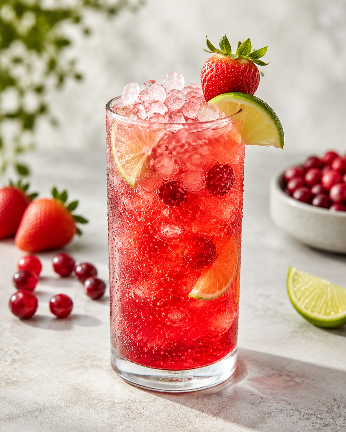 Ruby-red Berry Fizz mocktail with cranberry, lime, ice and strawberry garnish.