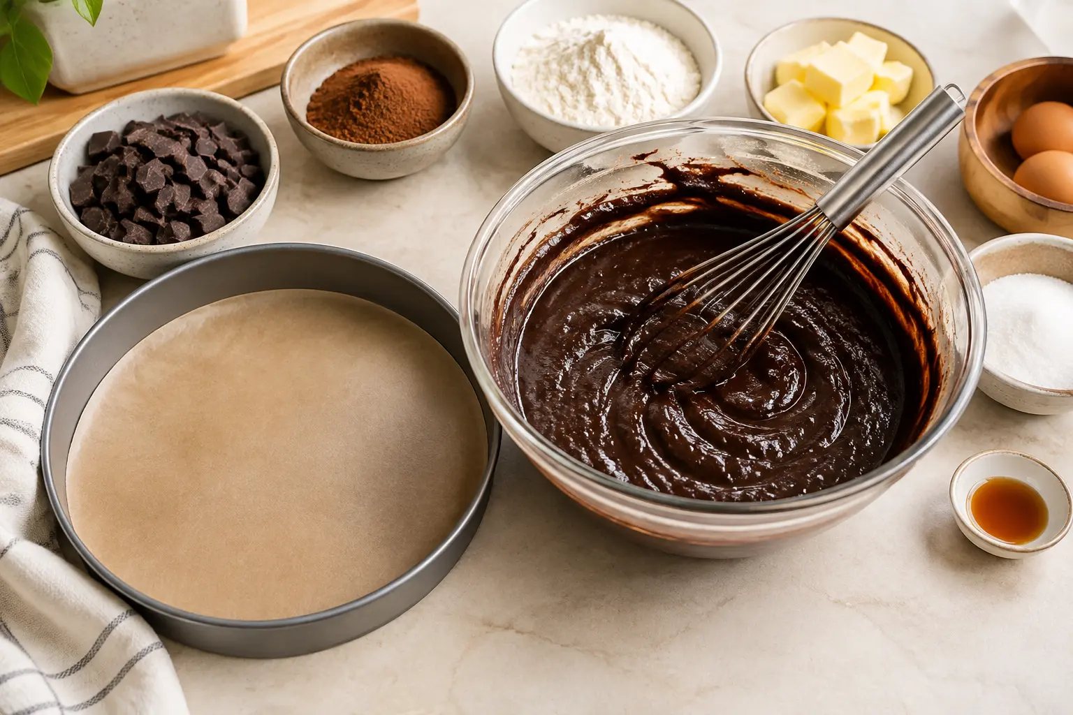Chocolate brownie batter and ingredients beside a prepared round baking pan