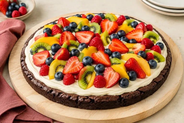 Round brownie fruit pizza topped with cream cheese frosting and colorful fresh fruit