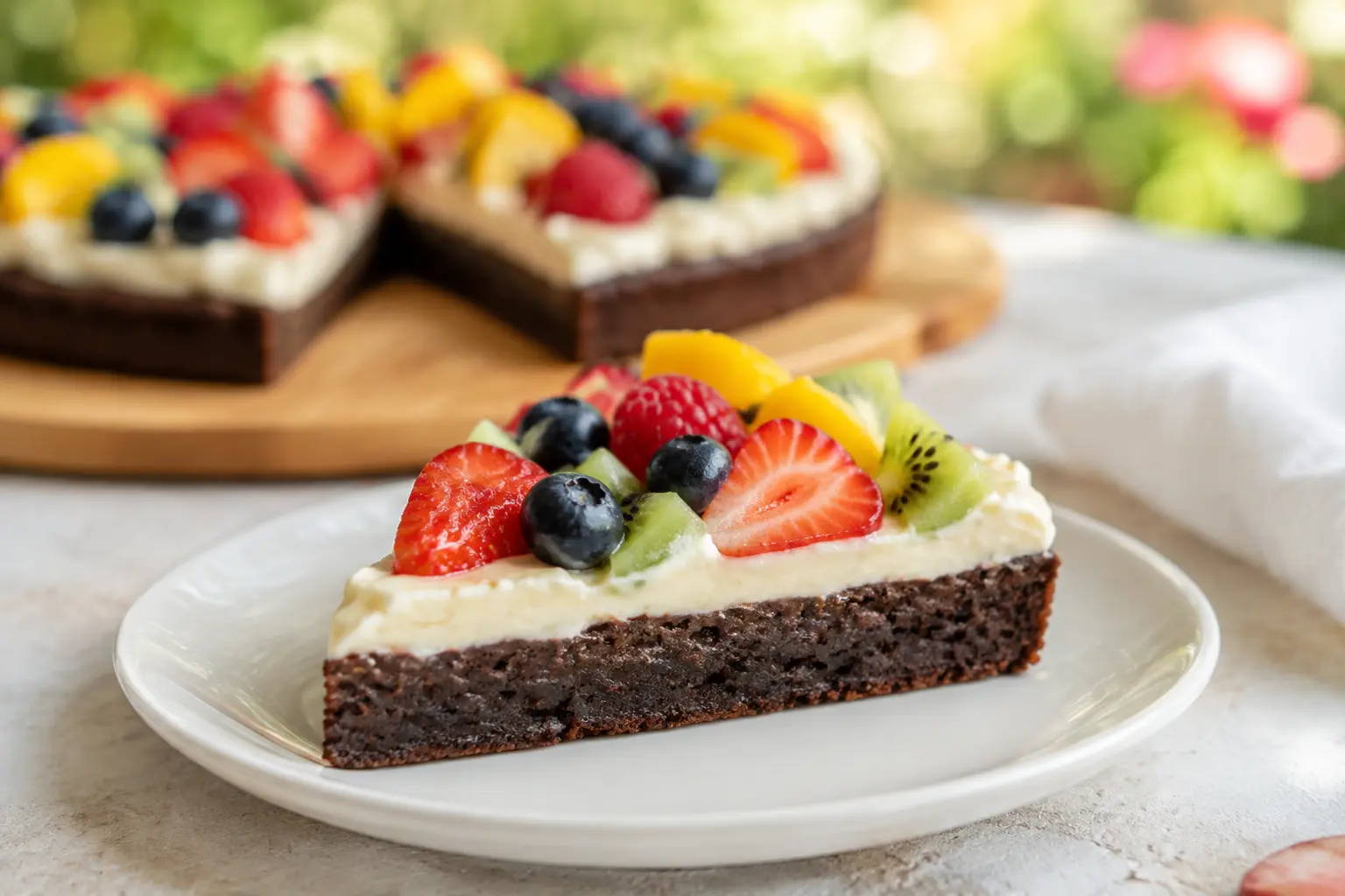 Slice of fudgy brownie fruit pizza with cream cheese frosting and fresh berries