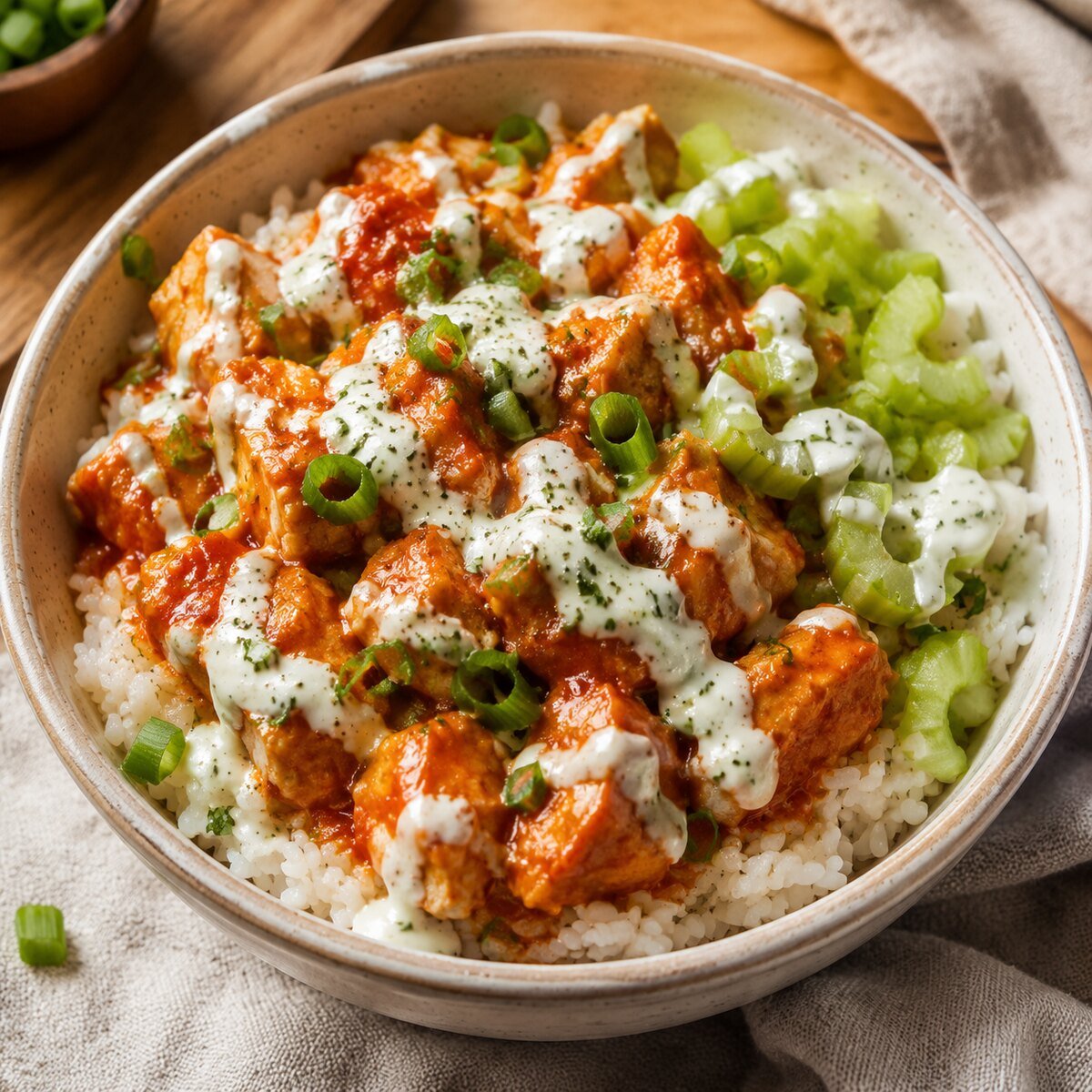 Buffalo chicken rice bowl with ranch drizzle and scallions