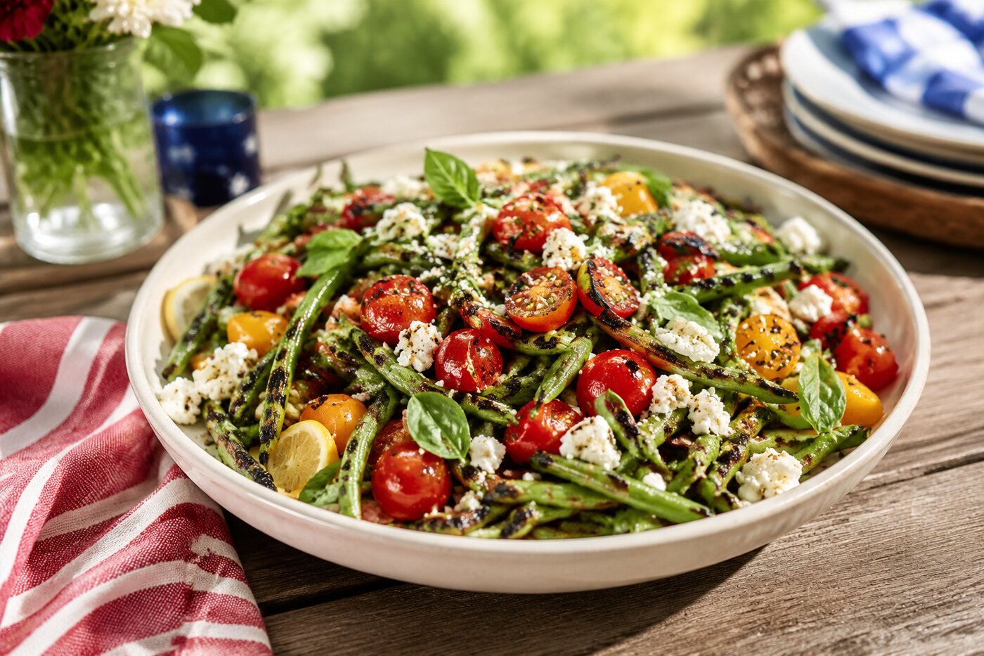 Charred green bean and tomato salad with feta, basil and lemon