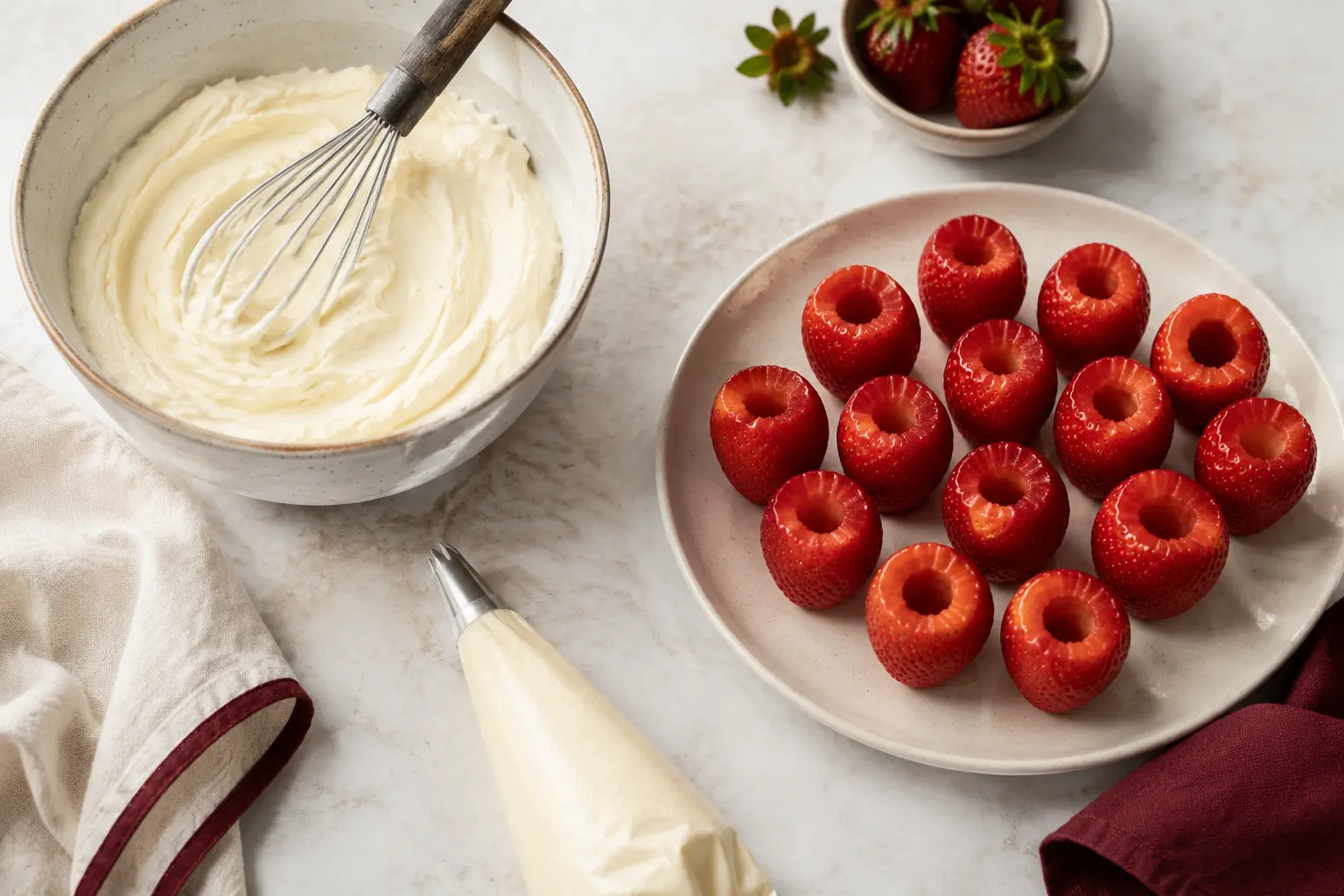Fresh strawberries hollowed and ready for creamy cheesecake filling