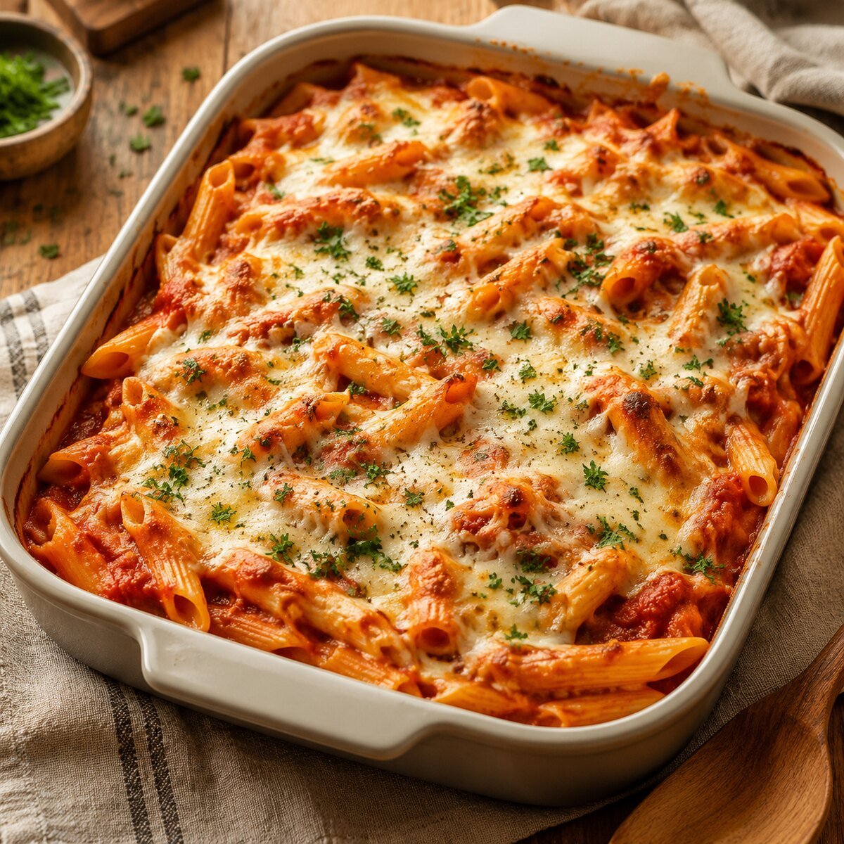 Cheesy baked penne with tomato sauce and browned mozzarella