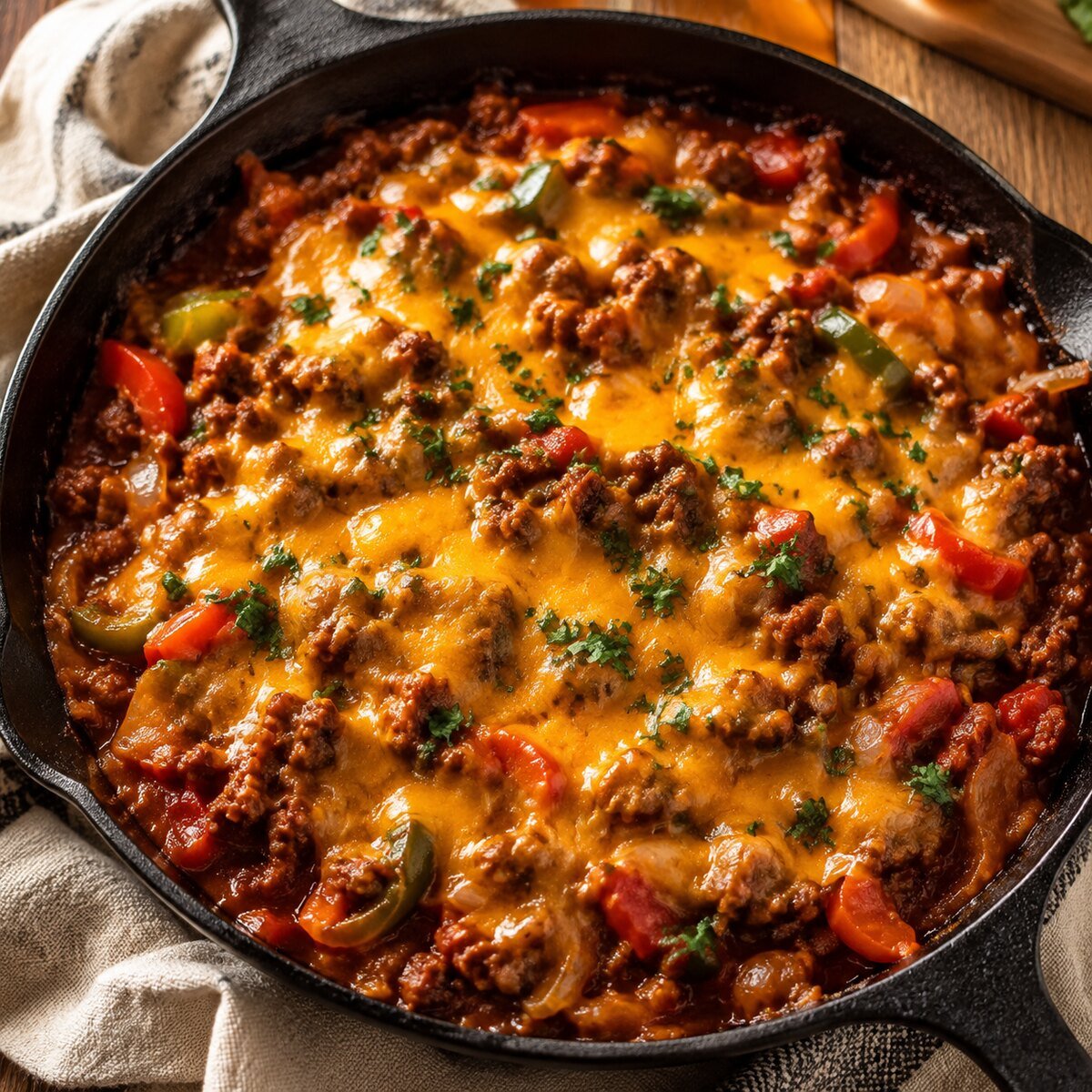 Cheesy beef skillet with peppers and melted cheddar