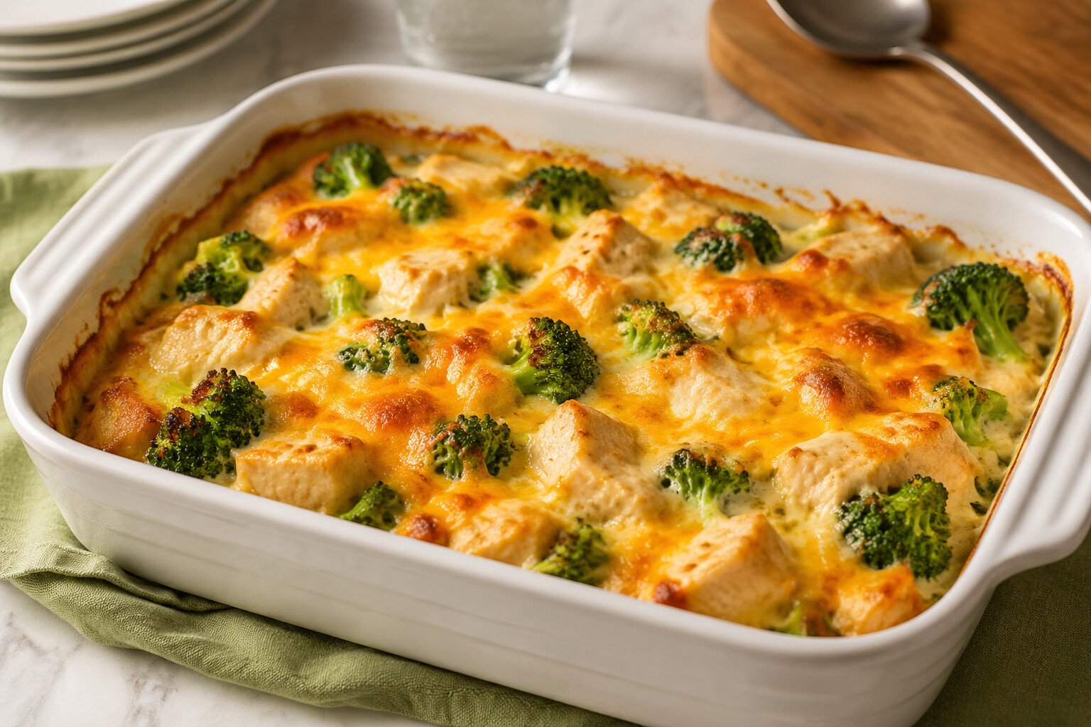 Cheesy chicken broccoli bake with tender chicken, broccoli and a golden cheddar topping