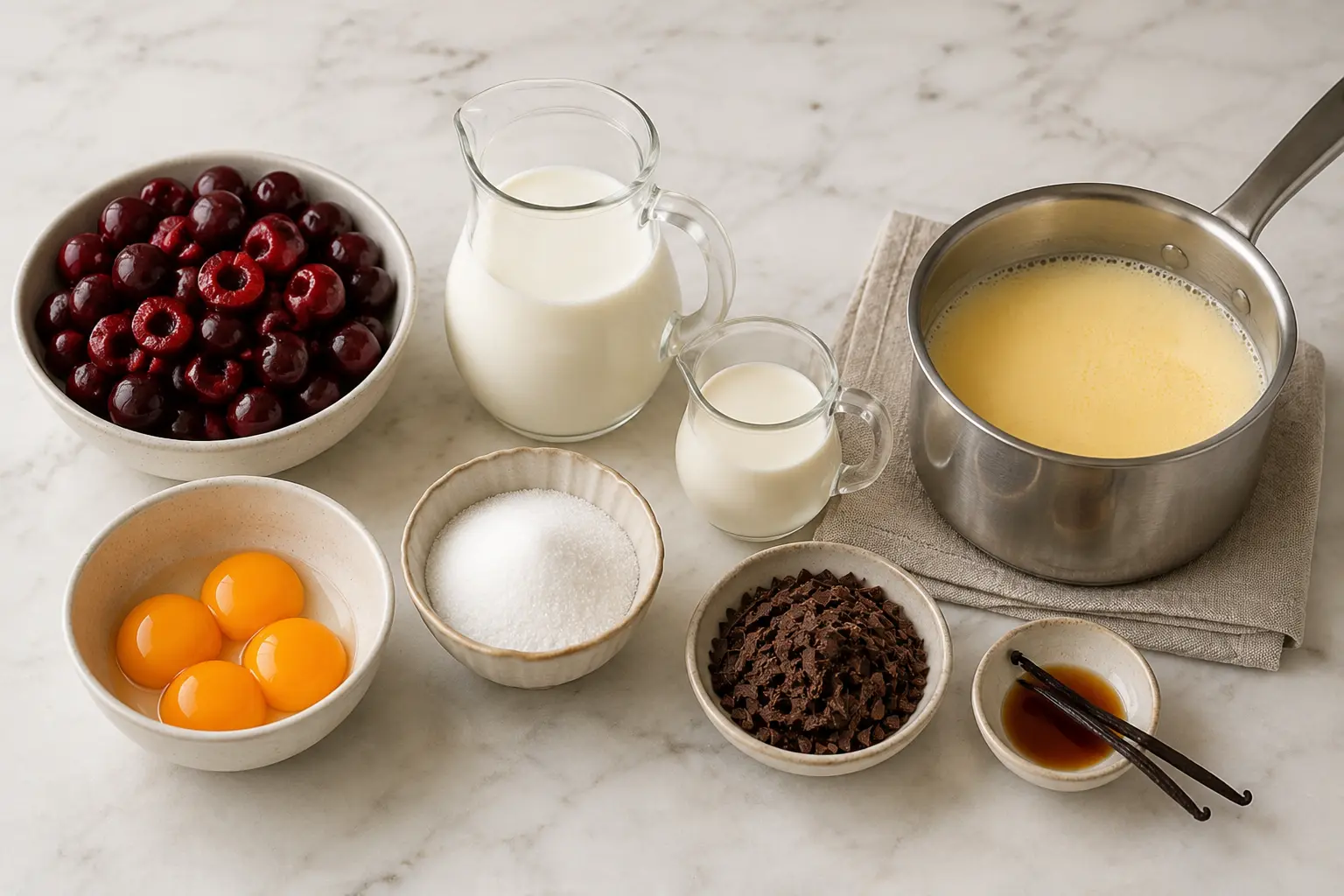 Ingredients for homemade cherry chocolate gelato including cherries, milk, cream, egg yolks and dark chocolate