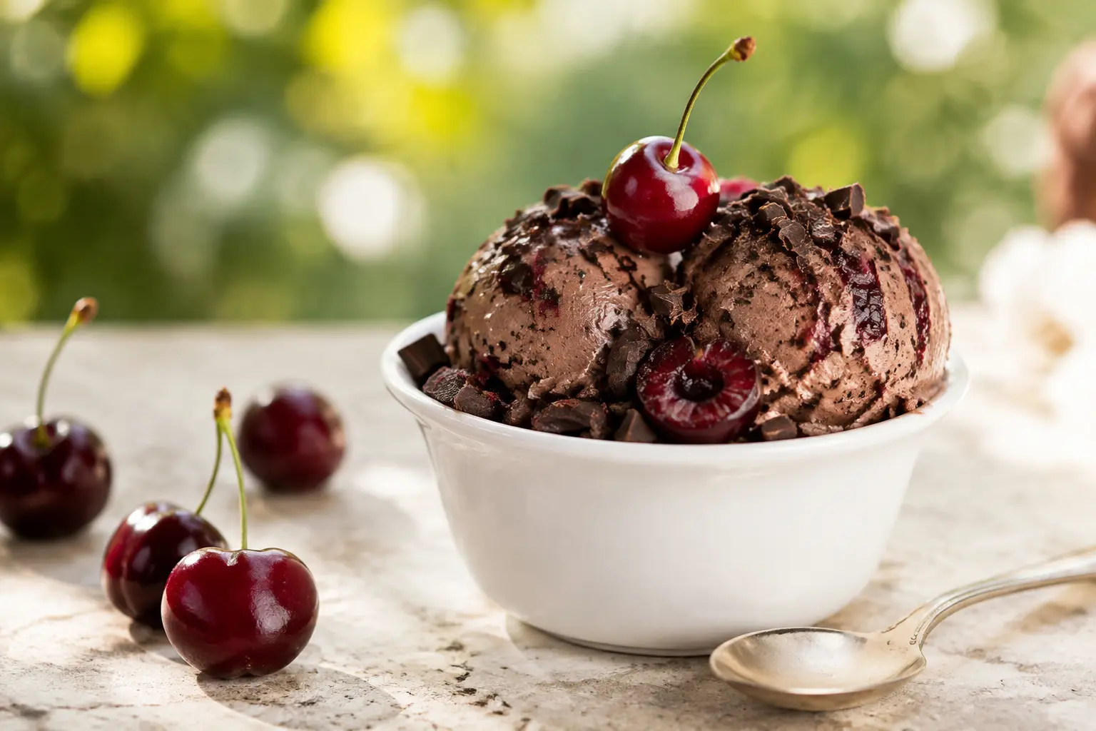 Cherry chocolate gelato scoops served with fresh cherries on a sunny summer table
