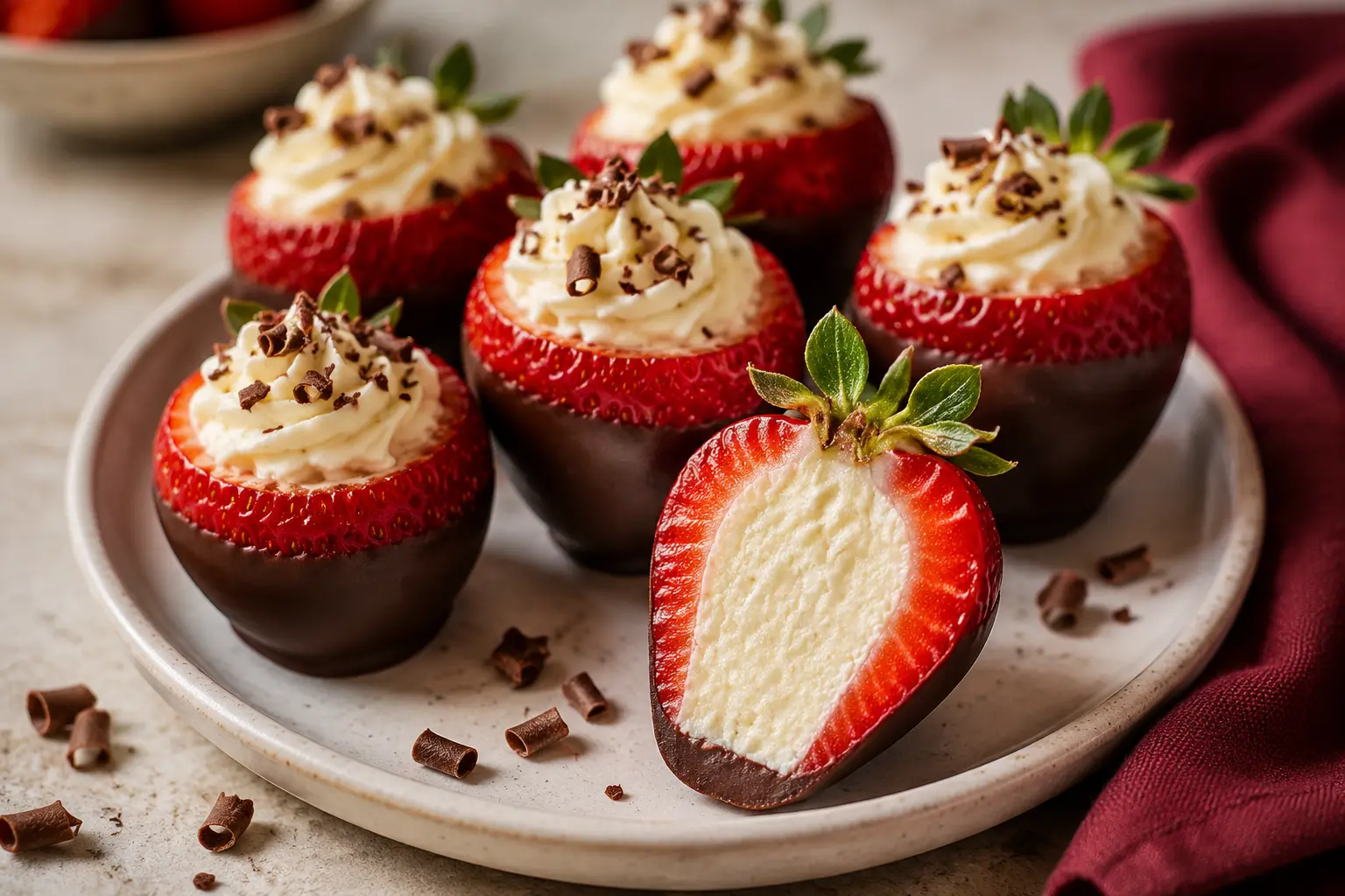 Chocolate-covered strawberry cut open to show the creamy cheesecake filling