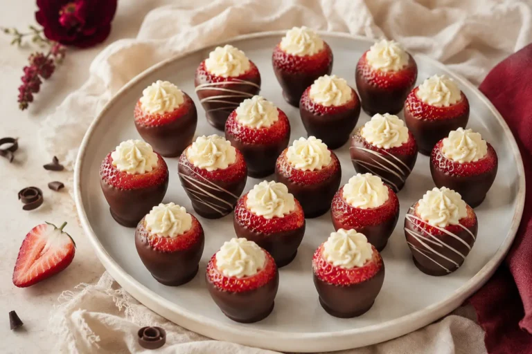 Chocolate-covered cheesecake stuffed strawberries arranged on a serving platter