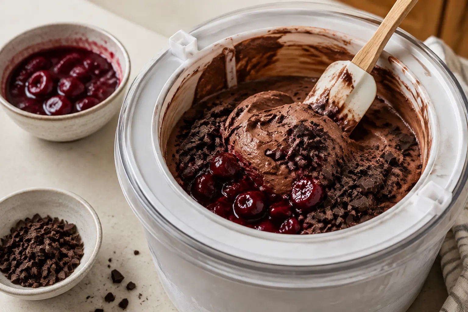 Chocolate gelato being churned with cherry compote and chopped dark chocolate