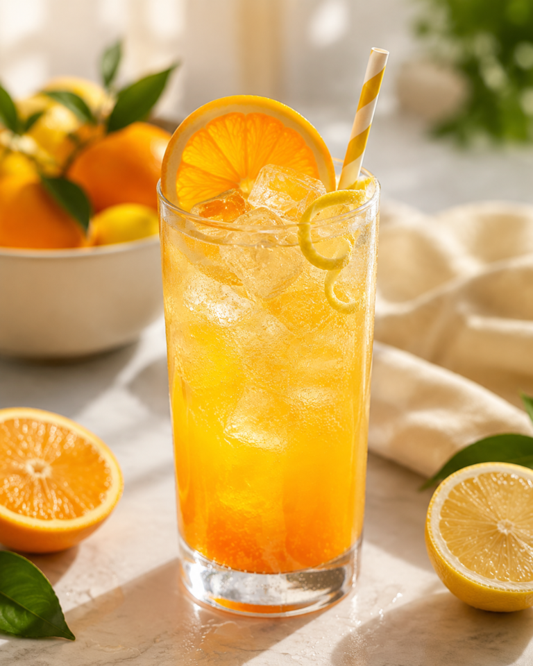 Citrus Sparkler mocktail with orange, lemon and sparkling water over ice.