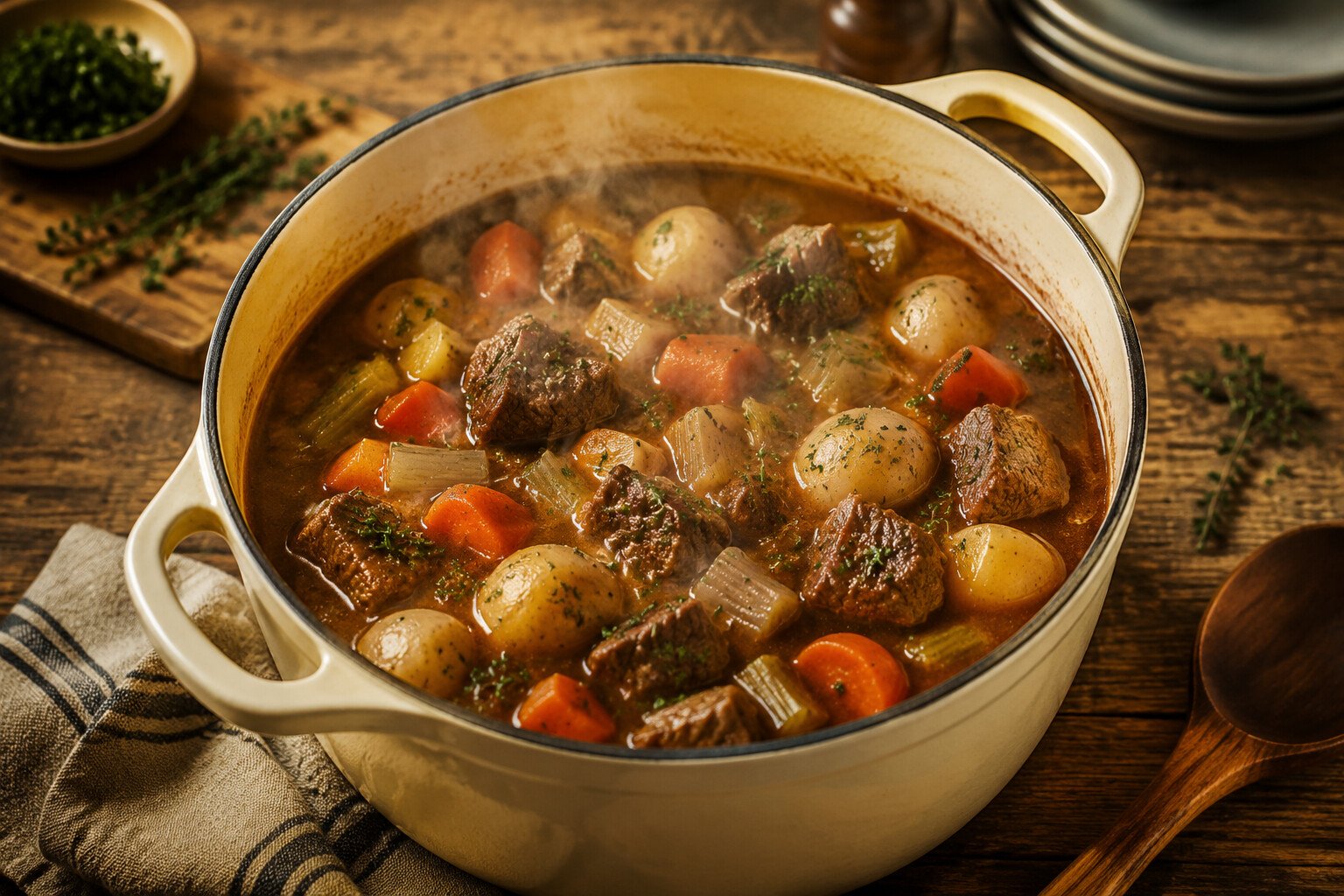 Classic Crockpot beef stew with tender beef, carrots, and potatoes