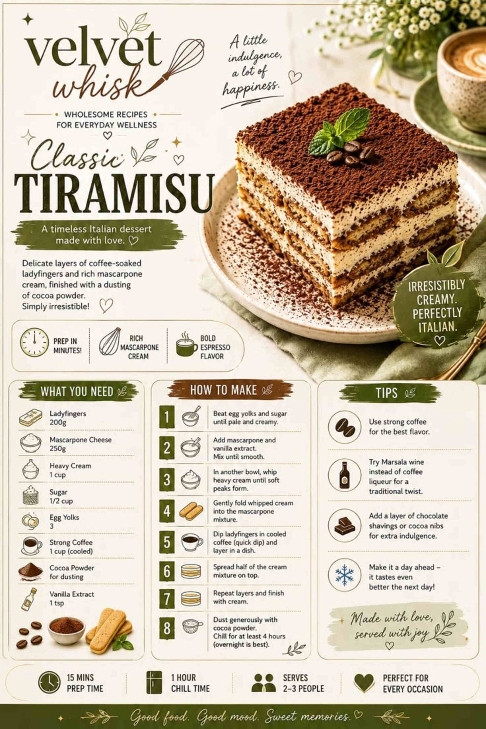 Classic tiramisu recipe infographic with ingredients, method and tips