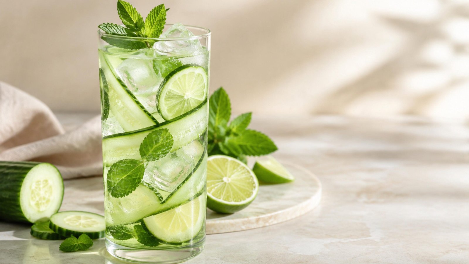 Cool Cucumber mocktail with cucumber ribbons, mint, lime and ice