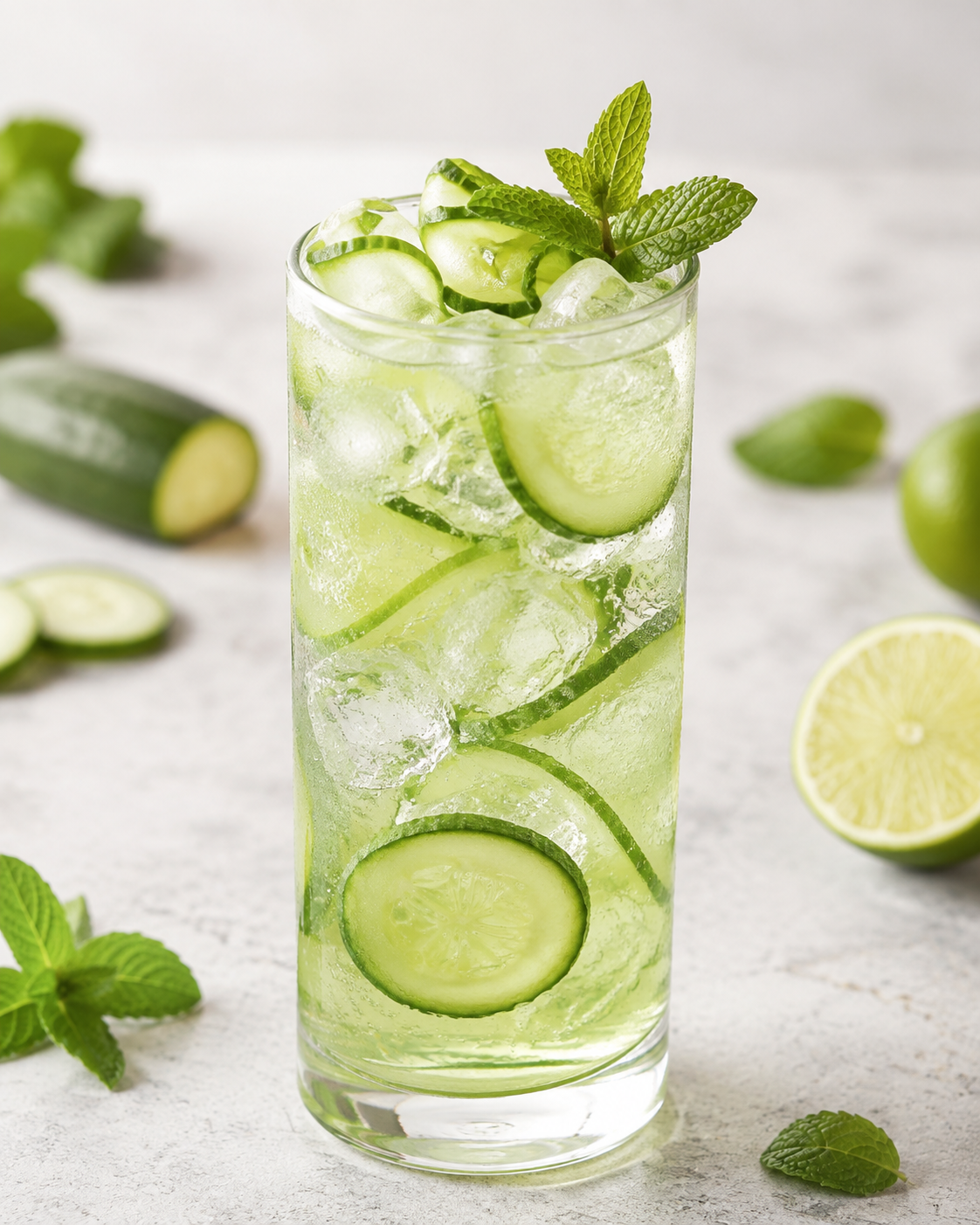 Cool cucumber mocktail with lime, mint, ice and cucumber slices.