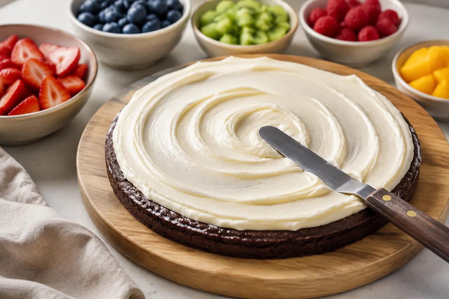 Cream cheese frosting spread over a cooled round brownie base with fresh fruit nearby
