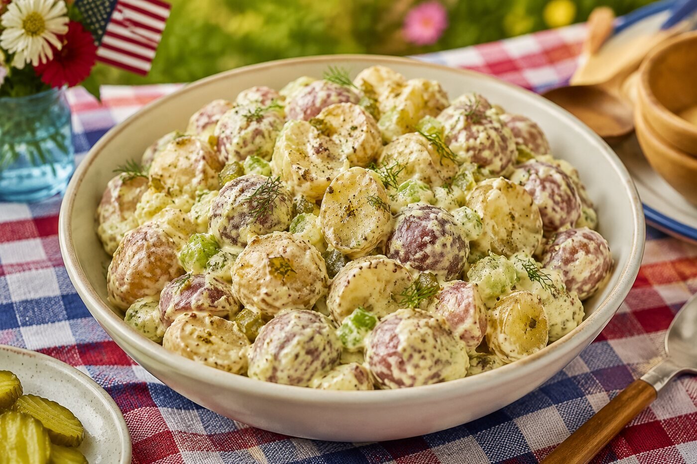 Creamy mustard potato salad with celery, dill pickles and fresh herbs