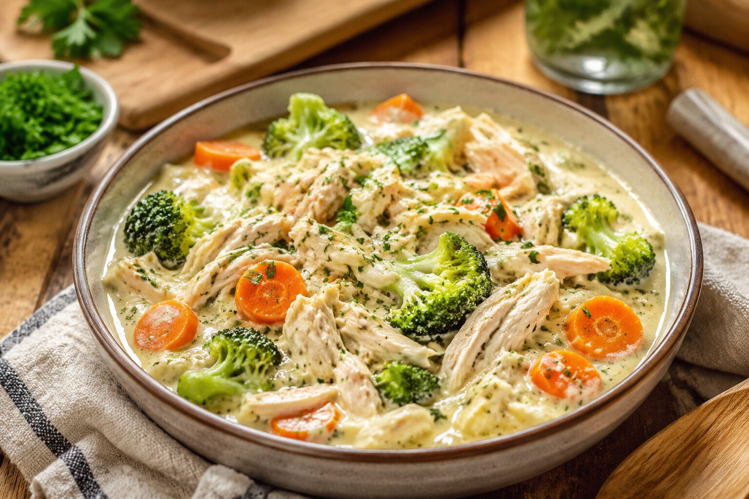 Creamy ranch Crockpot chicken with broccoli, carrots and herb sauce