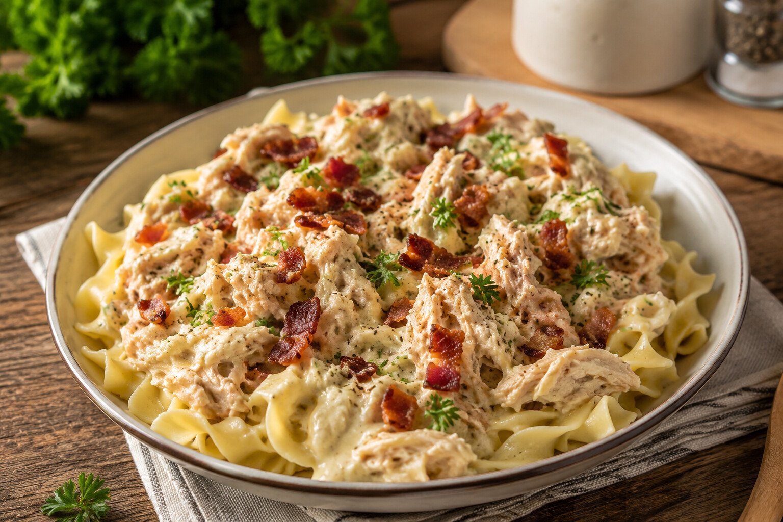 Creamy ranch Crockpot chicken with bacon and egg noodles