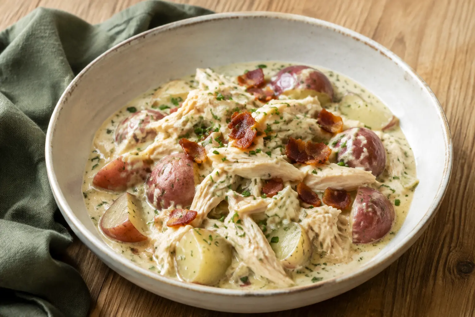 Creamy ranch crockpot chicken with red potatoes bacon and herbs