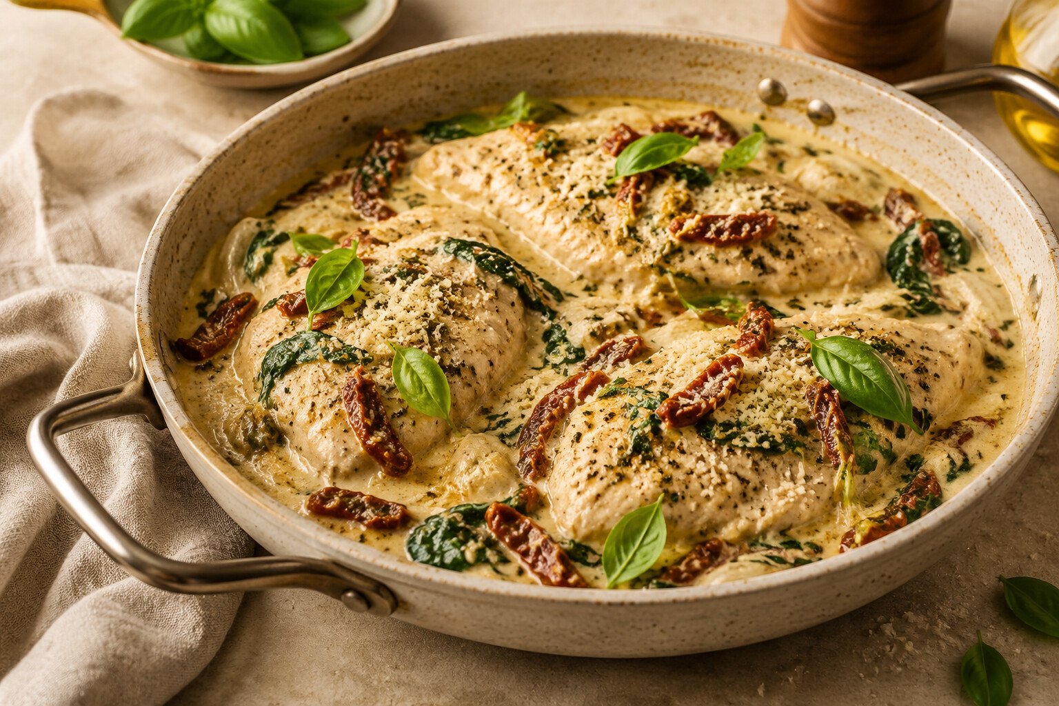 Creamy Tuscan Crockpot chicken with sun-dried tomatoes and spinach
