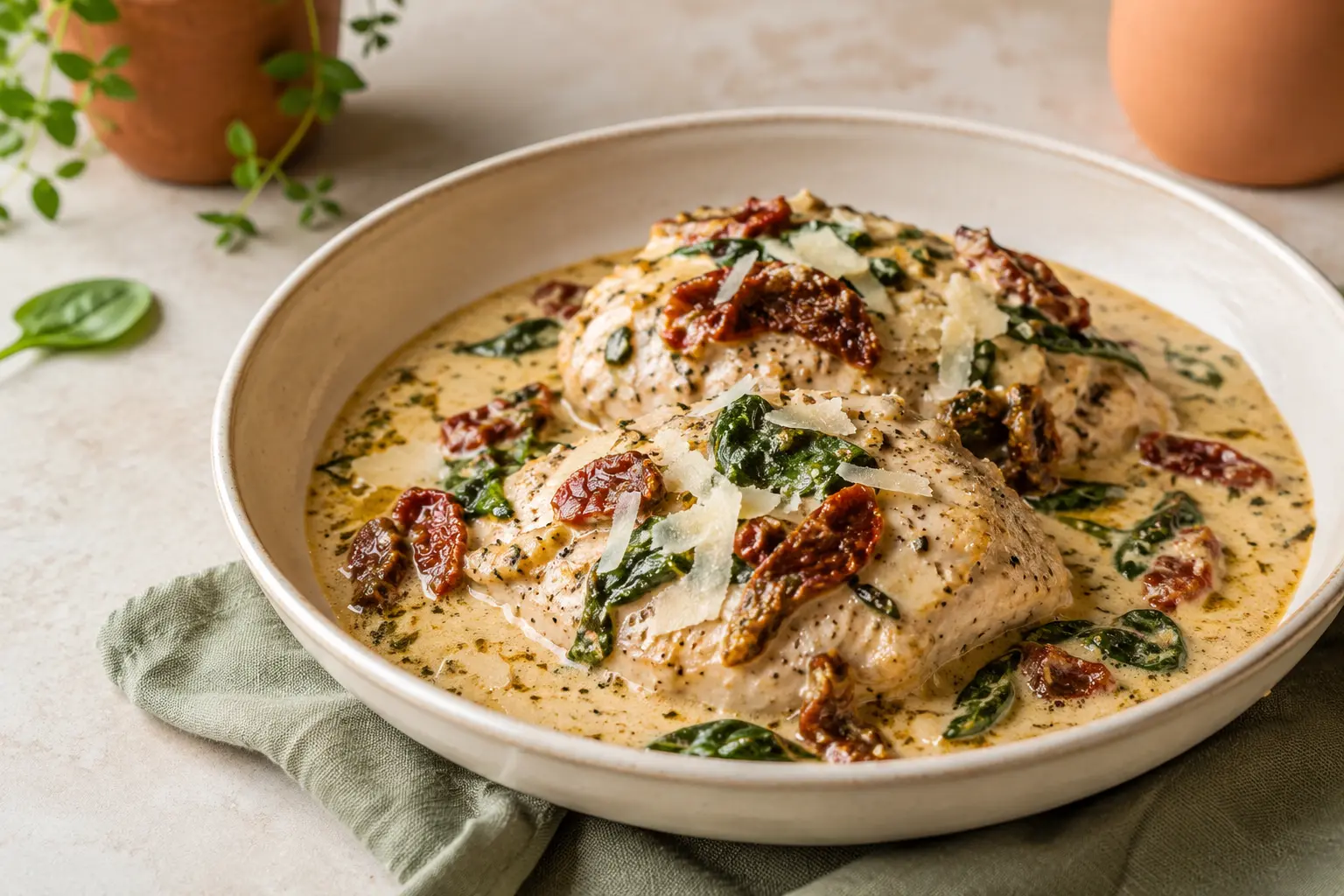 Creamy Tuscan crockpot chicken with spinach sun dried tomatoes and parmesan