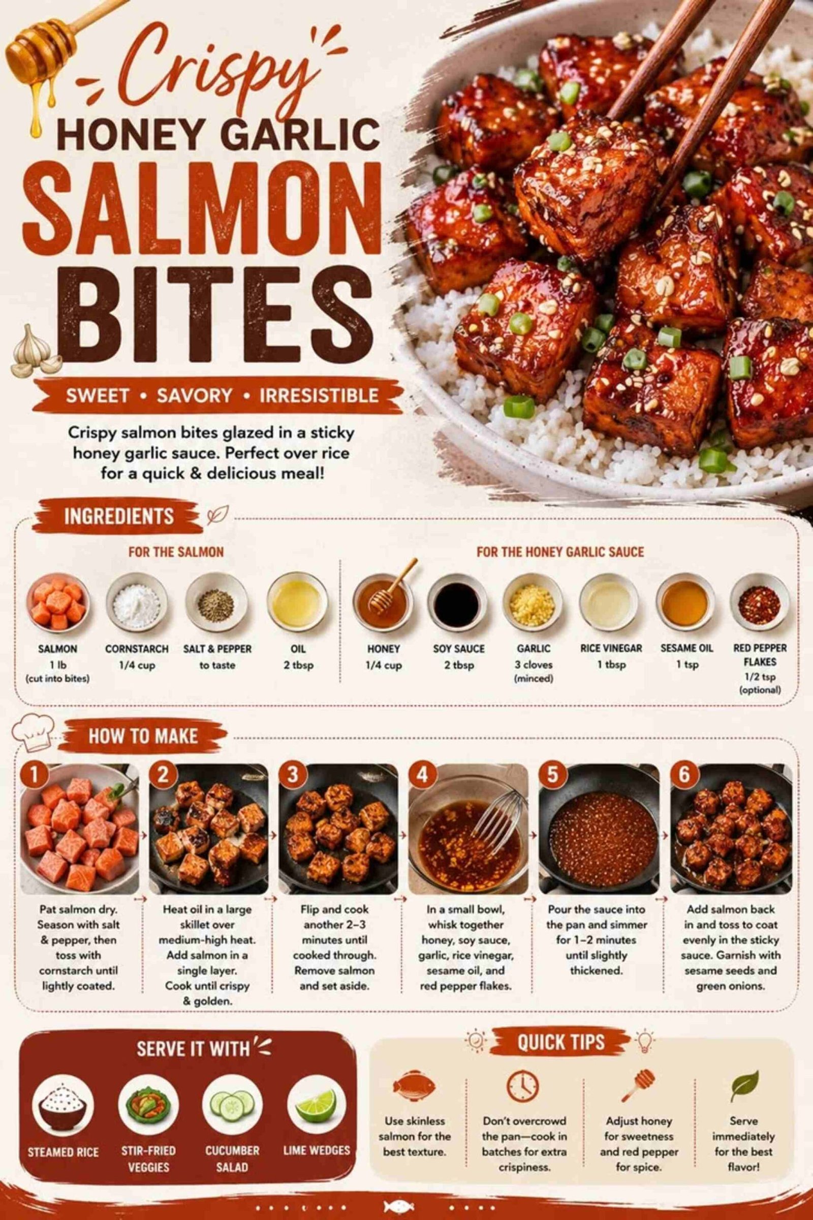 Honey garlic salmon bites recipe infographic with ingredients and cooking steps