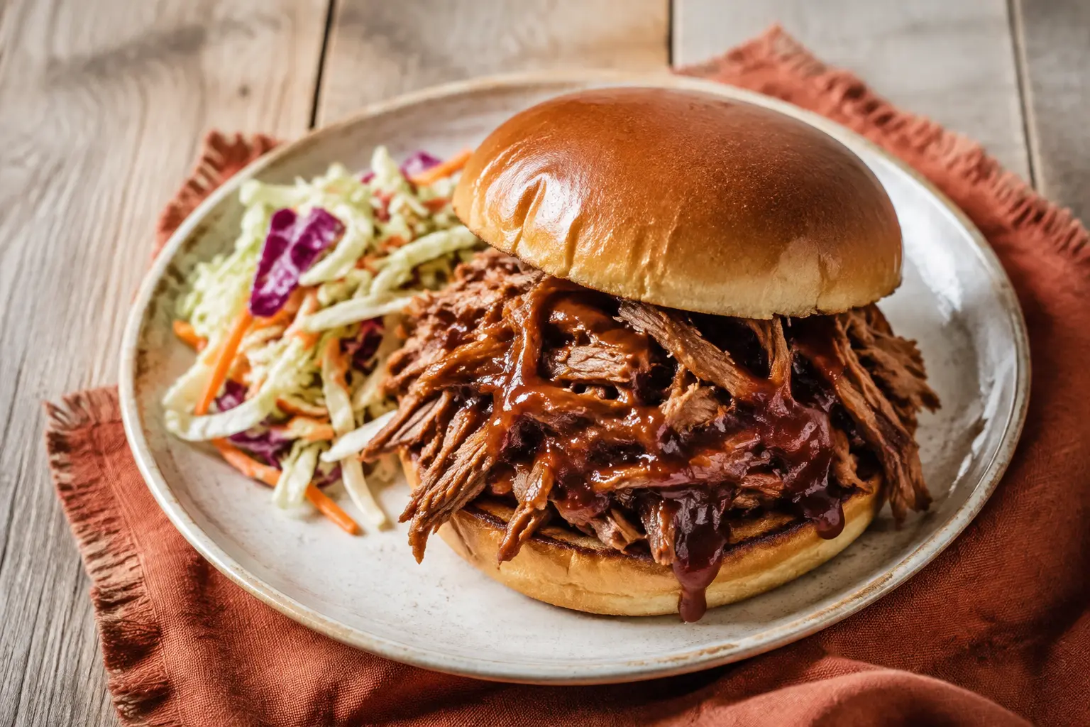 Crockpot barbecue pulled pork sandwich with crisp slaw