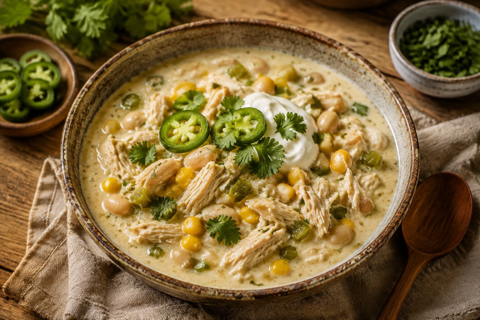 Creamy white chicken chili with chicken, white beans, corn, green chiles, jalapeño and cilantro