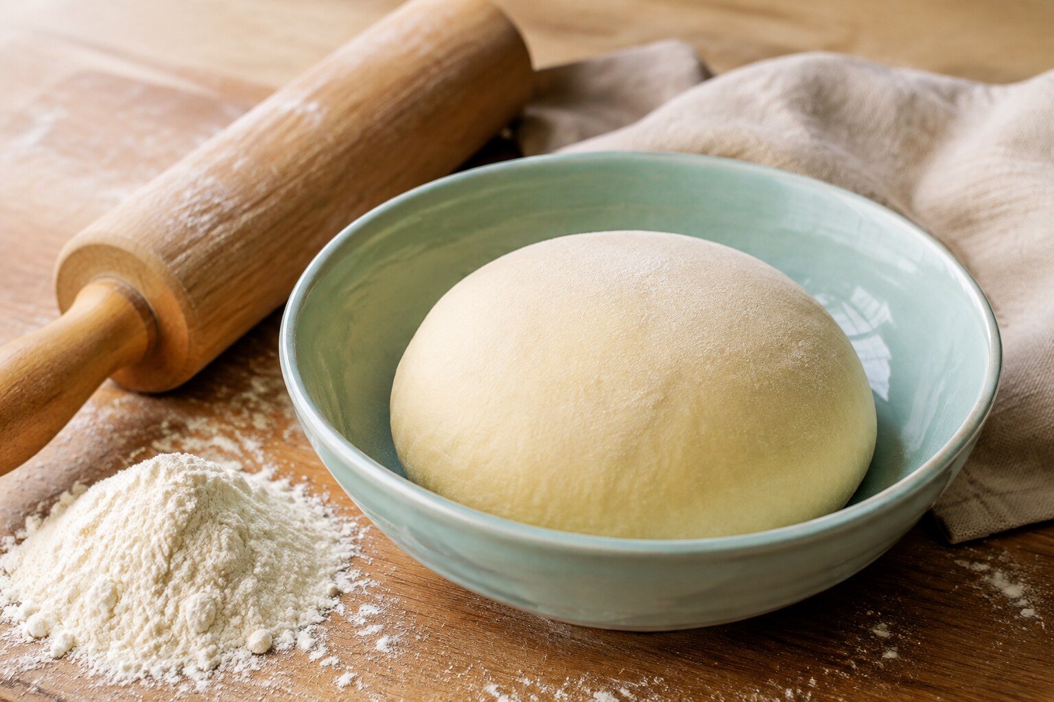 Smooth fresh dumpling dough with flour and a wooden rolling pin