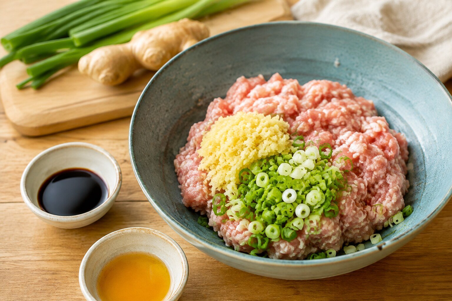 Ground pork dumpling filling with green onions, ginger, soy sauce and sesame oil