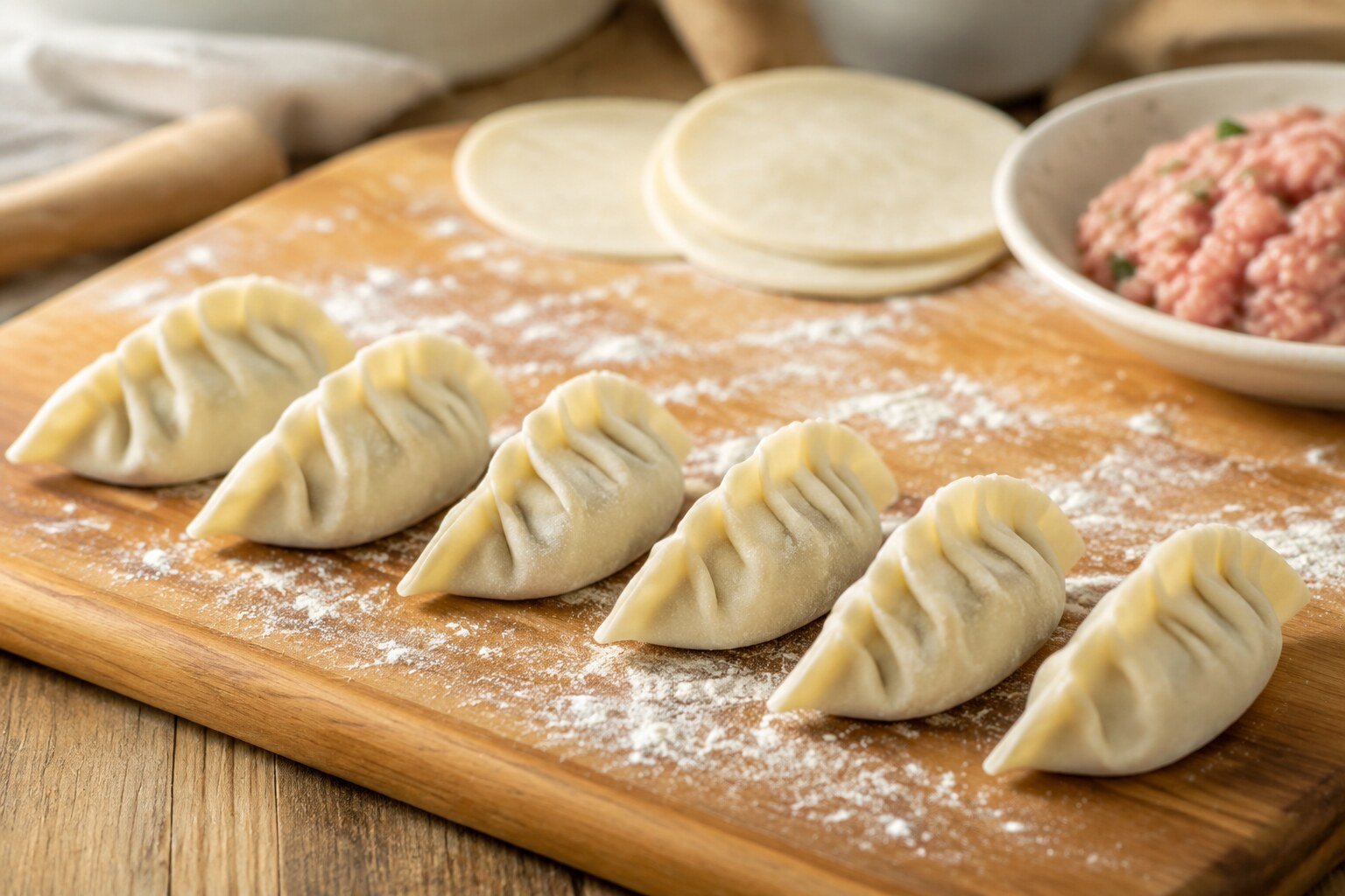 Freshly folded homemade dumplings with neat pleats on a floured wooden board